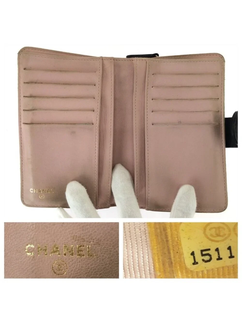 Chanel Quilted CC Logo Black Pink Gold Leather Folded Wallet Compact